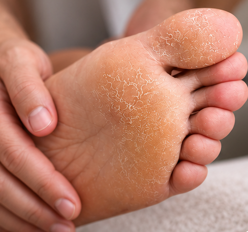 Close-up of rough, dry heel skin being examined by hand