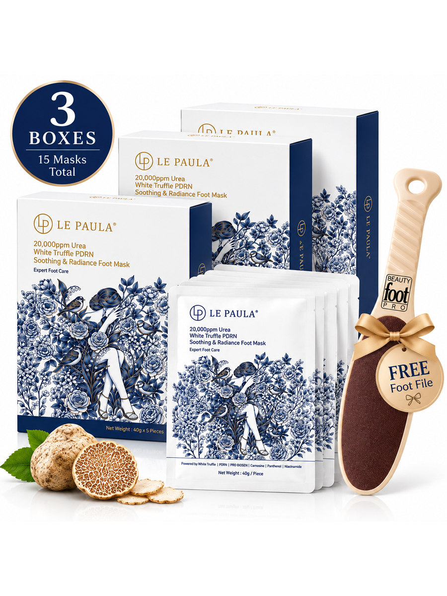 Three boxes of LE PAULA foot masks with the complimentary foot file