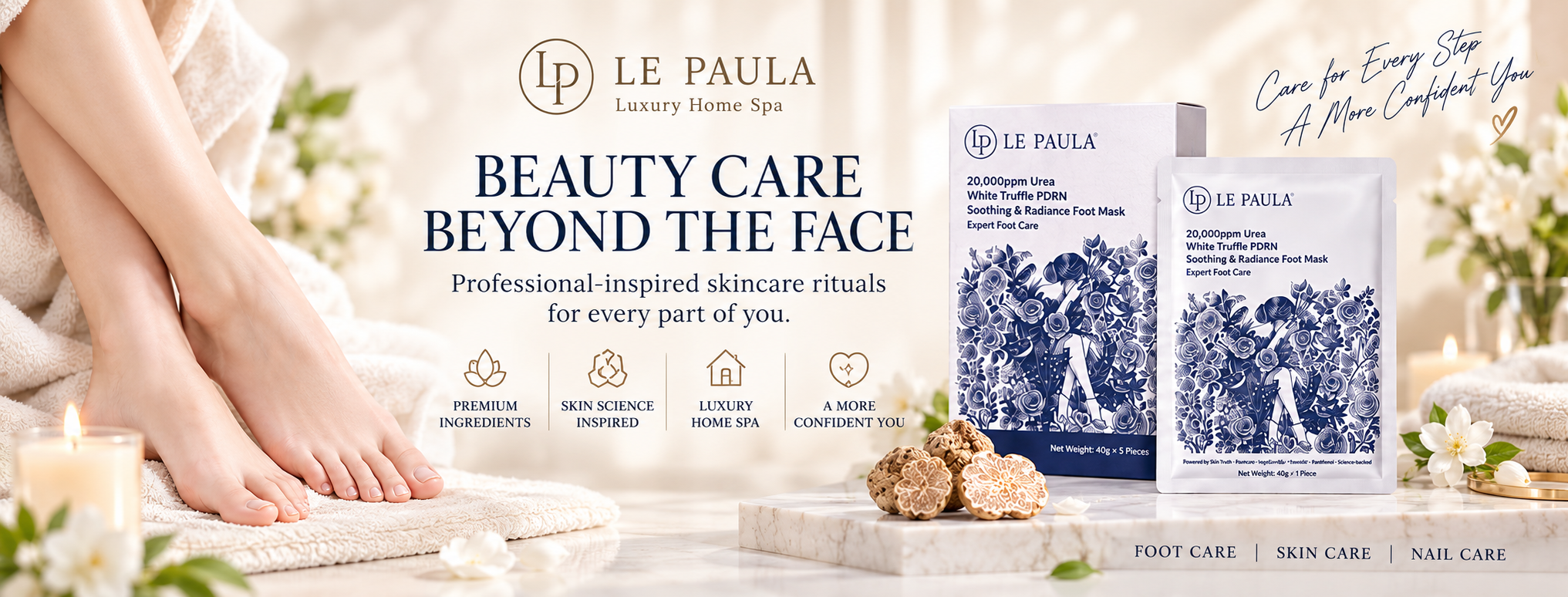 LE PAULA — Beauty care beyond the face: the White Truffle PDRN foot mask box and single-use mask sachet styled with candles, towels and white truffle