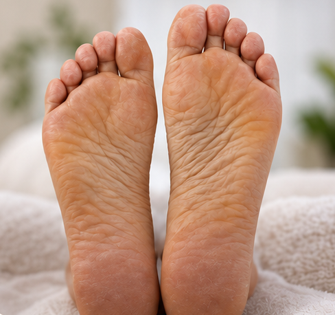Dry, tired feet resting on a soft towel