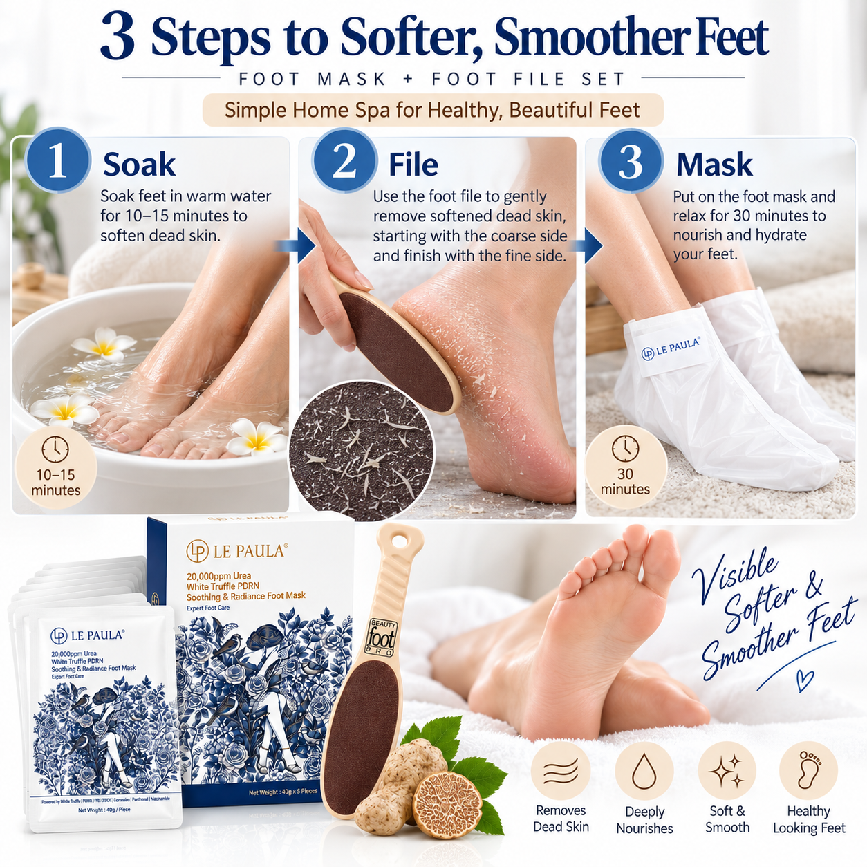 The three-step LE PAULA soak, file and mask foot-care ritual